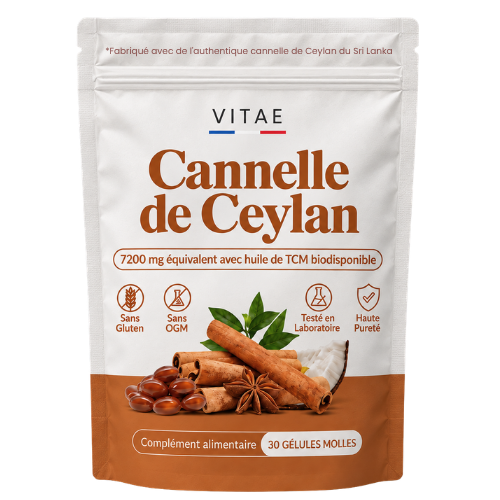 Un sachet VITAE Extrait de Cannelle de Ceylan 12:1, 30 gélules molles à l’huile de TCM, sur fond transparent