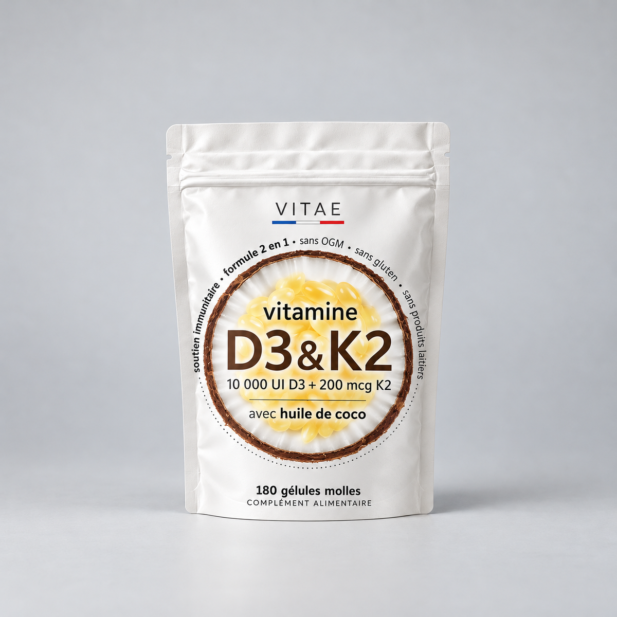 VITAE Vitamine D3 & K2 avec huile de coco, 10 000 UI D3 + 200 mcg K2, 180 gélules molles