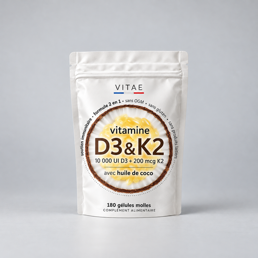 VITAE Vitamine D3 & K2 avec huile de coco, 10 000 UI D3 + 200 mcg K2, 180 gélules molles